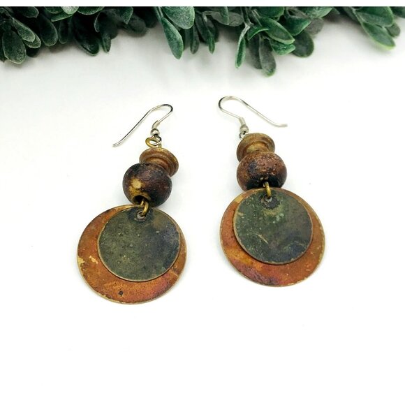 Vintage Boho Style Double Disc & Bead Dangle Earrings Lightweight - Picture 1 of 5